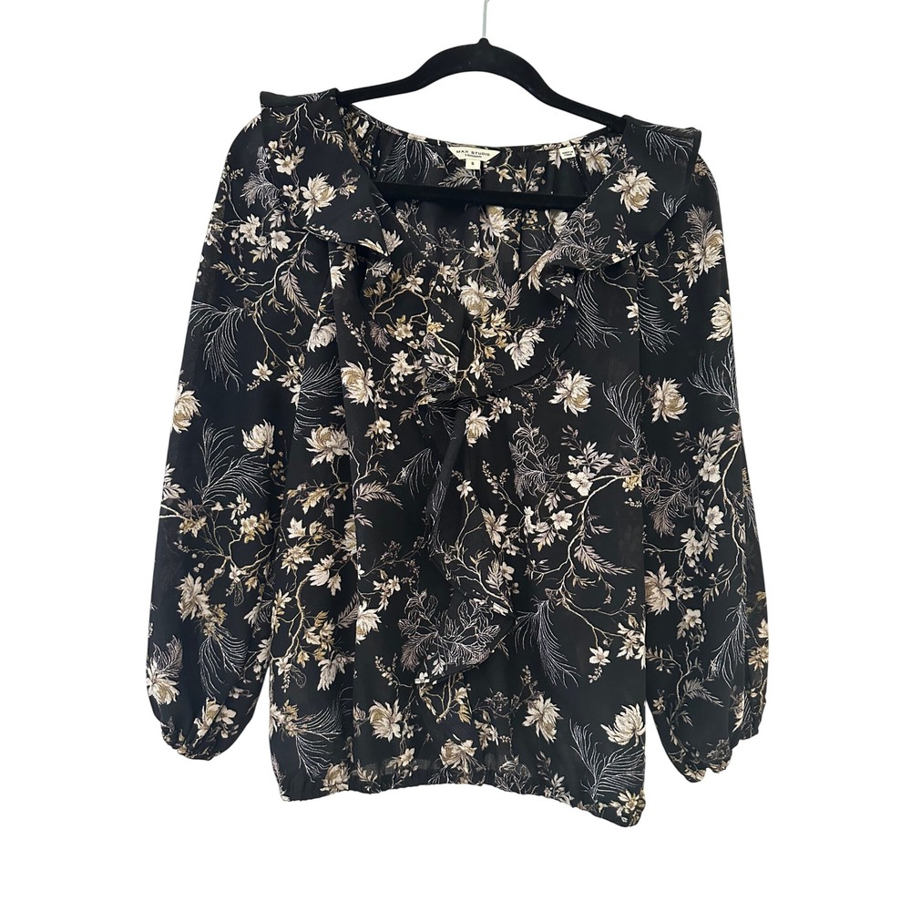 Max Studio London Women Black Floral Ruffle V-Neck Balloon Sleeve Blouse S boho